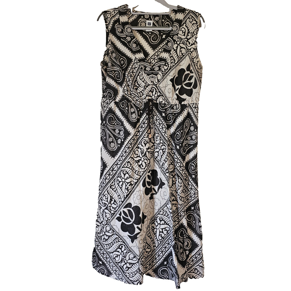 GAP Sleeveless Midi Dress – Black White Paisley Print – Draw String Waist Size L